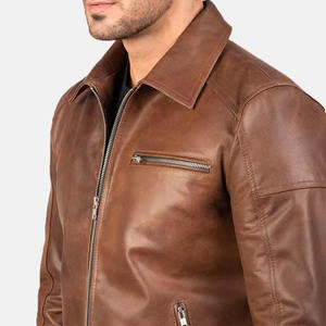 Custom Wholesale <b>Men</b> Genuine <b>Leather</b> <b>Jacket</b> Brown Slim Fit Biker Motorcycle Stand Front Waterproof Eco-Friendly Autumn Winter - Product Image 3