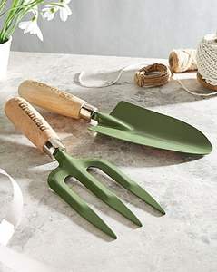 Ensemble de fourche et truelle de jardin robustes de couleur verte avec manche en bois pour le jardinage en extérieur - Product Image 1
