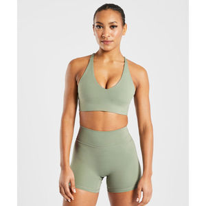 Soutien-gorge de sport vert olive personnalisé en gros, bretelles réglables, décolleté en V, soutien-gorge de sport à fort impact pour femmes - Product Image 5