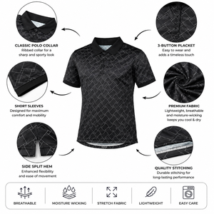 Men's <b>Black</b> Geometric Print Short Sleeve Golf <b>Polo</b> Shirt Knitted Polyester Quick Dry Casual <b>Top</b> with Button Closure Athletic - Product Image 4