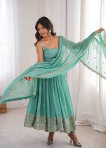 Élégant ensemble Anarkali vert menthe en faux georgette avec broderie et sequins, pantalon et dupatta en dentelle, idéal pour les fêtes et mariages, séchage rapide, infroissable - Product Image 1
