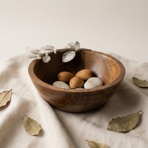 Handmade Premium Mango Wood Serving Bowl with Decorative Silver Metal Leaf Branch Elegant Tabletop Decor For Salads Fruits Use - Product Image 2