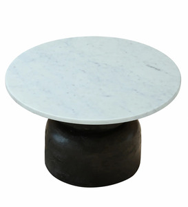 Socle cylindrique moderne en bois de manguier, finition noire texturée, dessus rond en marbre blanc, table basse pour salon - Product Image 2