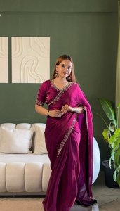 Wholesale Luxury <b>Wine</b> Purple Organza Saree Fine Embroidery Border Indian Pakistani Wedding Party Wear Sari Elegant Silk Blouse - Product Image 2