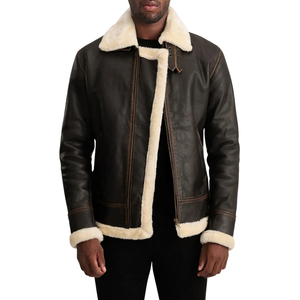 Veste en cuir PU pour homme, col en fourrure sherpa marron, coupe-vent, épaisse, fermeture éclair, col rabattable, hiver - Product Image 5