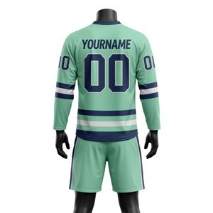 Conjunto de Camiseta y Pantalones Cortos de Hockey sobre Hielo Sublimados en Verde Menta para Hombre, Cuello en V, Rayas, Poliéster, Uniforme Deportivo - Product Image 2