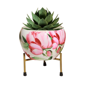 <b>Decorative</b> Metal Planter Pot with Stand Pink Floral Printed <b>Flower</b> Pot for Indoor <b>Plants</b> Home Garden Living Room Office Tabletop - Product Image 1