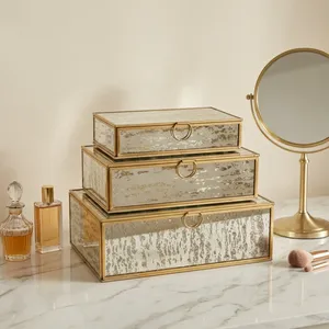 Artisan Design <b>Mirrored</b> Glass <b>Jewelry</b> <b>Box</b> Set with Brass Frame Storage Organizer Rings Necklaces Accessories Cosmetic Vanity - Product Image 1