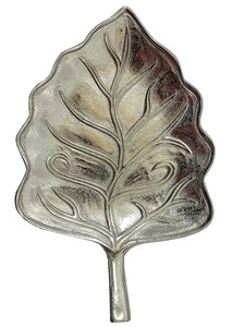 Silver Leaf Shaped Decorative <b>Tray</b> Metal Engraved Rustic Design Single Piece <b>Plant</b> Pattern - Product Image 1