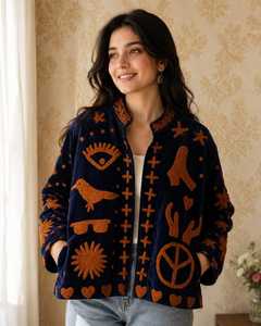 Chaqueta Corta de Terciopelo Azul Marino con Textura Artesanal, Bordado Cálido Color Óxido, Estilo Bohemio, Arte Folclórico, Sueño Celestial, de Gran Impacto - Product Image 1