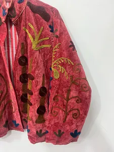 Premium Red <b>Velvet</b> Embroidered Suzani Jacket Floral Pattern Full Sleeve Stand Collar Handmade Bohemian Style Winter <b>Coat</b> - Product Image 5