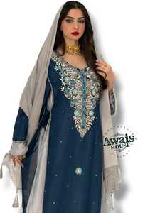 Robe longue en mousseline de soie pour femme, coupe droite, col montant, manches longues, unie, avec broderie de sequins et appliques, taille naturelle, style modeste - Product Image 1