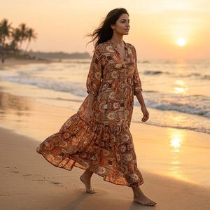 Elegant Free Size Silk Shirt <b>Dress</b> for Women Featuring Bohemian Floral Print Long Sleeves Flowing Maxi Length and Relaxed Luxury - Product Image 4