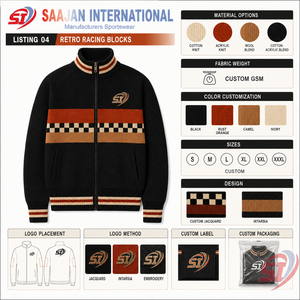 Veste en tricot à blocs de couleur personnalisés, pull côtelé à fermeture éclair intégrale, cardigan jacquard vintage style course, OEM ODM Vente en gros - Product Image 3