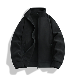 Veste en polaire noire pour homme, col montant, fermeture éclair, coupe décontractée, coupe régulière, couleur unie, tricotée en polyester, vêtement d'extérieur coupe-vent pour l'automne - Product Image 4