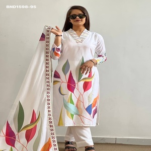 Designer Beautiful Muslin Cotton with Digital Big-Leaf Colorful Print Straight Long <b>Kurti</b>-Dupatta & Plain Pant Set Woman Fashion - Product Image 1