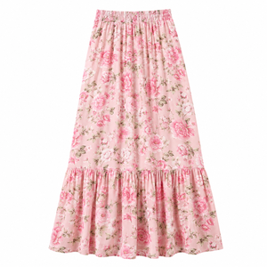 Women's Digital Printed Floral Tiered Floor-Length Woven <b>Chiffon</b> <b>Skirt</b> Elastic Waist Breathable Cotton 160g <b>Long</b> A-Line Casual - Product Image 1