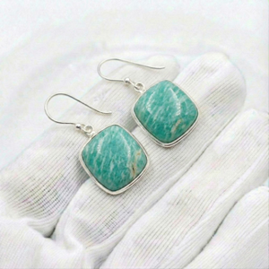 Pendientes colgantes cuadrados de amazonita con engaste de bisel, hechos a mano con plata de ley 925 maciza, estilo bohemio, para mujer. - Product Image 1