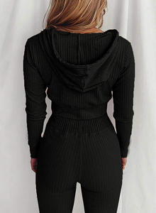 Completo Sportivo da <span class=keywords><strong>Donna</strong></span> 2 Pezzi: Top Corto con Cappuccio a Costine e <span class=keywords><strong>Pantaloni</strong></span> Lunghi Neri con Zip Frontale, Vestibilità Aderente - Product Image 4