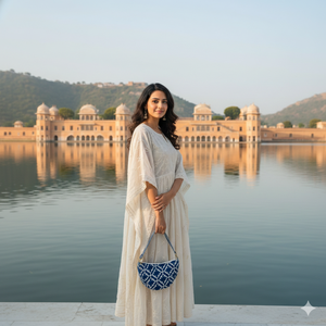 Sac à main en coton à imprimé géométrique indigo, doux et durable, avec bandoulière réglable, fermeture éclair, fait main, décontracté, demi-lune - Product Image 2