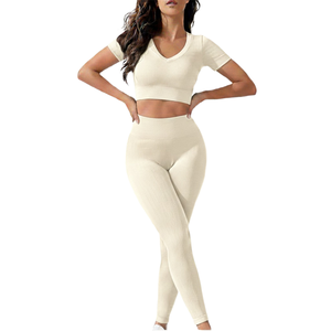 Womens Seamless High Waist Yoga <b>Leggings</b> With Long Sleeve Crop Top Gym Fitness Set <b>Activewear</b> - Product Image 5