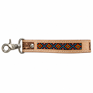 Handcrafted Brown Leather Beaded Keychain Red black Tribal Pattern <b>Engraved</b> Floral Accent Metal Clasp Vintage Western <b>Key</b> - Product Image 1