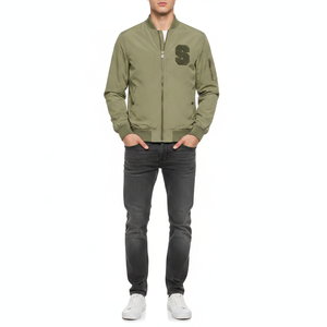 Chaqueta Bomber Verde Oliva para Hombre con Parche de la Letra S, Cierre de Cremallera, Cuello Alto, Estilo Casual para Otoño - Product Image 4
