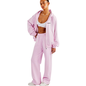 Ensemble de survêtement pour femme, coupe longueur taille, avec fermeture éclair intégrale et capuche, pantalon à jambes larges et taille élastique, décontracté, deux pièces, pour la détente, les voyages et le style urbain - Product Image 1