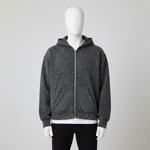 Custom <b>Extra</b> <b>Large</b> Rhinestone Acid Wash High Quality French Terry Winter Street Wear Super Square Unisex Hooded Front 100% - Product Image 2