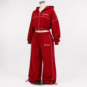 ONE APEX Red Full Zip <b>Hoodie</b> Tracksuit Women's Regular French Terry Cotton Wide Leg Sweat Set Contrast Piping Streetwear Quick - Product Image 2