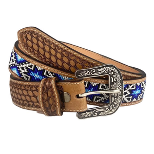 Cinturón de Cuero Genuino de Estilo Occidental Vintage de Lujo con Hebilla de Pinza y Adornos Tribales Azules Hechos a Mano, Acabado Ecológico - Product Image 1