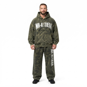 Conjunto de Sudadera con Capucha y Pantalones de Chándal para Hombre, Verde Oliva, Camuflaje, Cierre de Cremallera, Corte Holgado, Estilo Urbano, Lavado, Personalizado, OEM, ODM, Venta al Por Mayor - Product Image 1