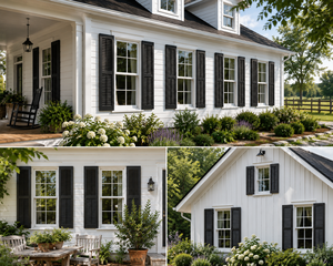 Volets persiennes en bois de pin massif sur mesure, avec rail supérieur arqué noir, pour fenêtres, style ferme moderne, décoration extérieure écologique pour la maison - Product Image 4