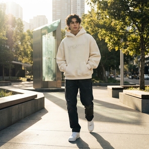Sweat-shirt à capuche oversize pour homme, couleur crème, avec motif brodé, style streetwear, en molleton personnalisé, vêtements OEM - Product Image 2