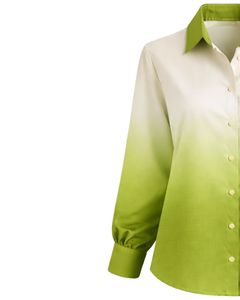 เสื้อเชิ้ตผู้หญิงแขนยาวสีขาวไล่เฉดเขียวมะนาวแบบกระดุมหน้า สไตล์ลำลองสำหรับใส่ทำงาน ผู้ผลิตเสื้อผ้าแบบ OEM สั่งทำได้ - Product Image 3