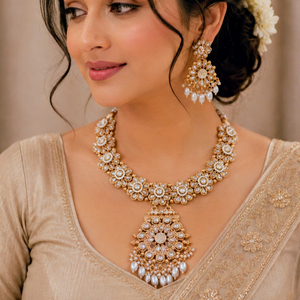 Ensemble collier et boucles d'oreilles longs pour femme JeweleMarket, plaqué or, avec cristaux et strass, style ethnique, pour mariage, fiançailles, anniversaire - Product Image 4
