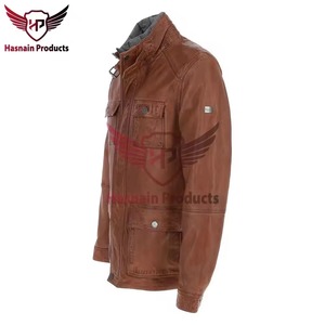 <b>Mens</b> Real Brown Leather <b>Jacket</b> Field Coat <b>Utility</b> Safari 4 Flap Pocket Cowhide Windbreaker Custom Classic Winter Warm Outerwears - Product Image 3