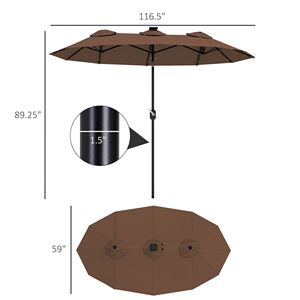 9,7 piedi Ombrellone da Patio Bifacciale con Inclinazione a 45 Gradi e Manovella, Luce Solare a LED, 12 Stecche, Colore Caffè, Raggio 3m, Realizzato in Poliestere - Product Image 3