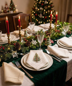 Wholesale Custom <b>White</b> Cotton Dinner Napkin Embroidered Christmas Tree Hemstitch <b>Table</b> Linens for Home Hotel or Events - Product Image 1