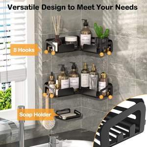 <b>Bathroom</b> <b>Organiser</b> Without Drill Adhesive Corner Shelves Wall Mounted <b>Bathroom</b> Racks with Hooks Soap Dish Black - Product Image 4