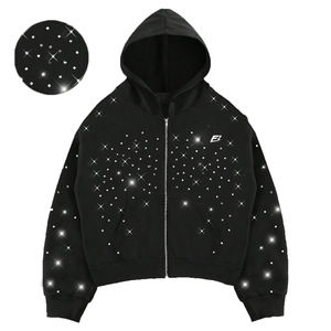 เสื้อฮู้ดซิปผู้ชายประดับเพชรเทียมสั่งทำได้ ขายส่ง ทรงโอเวอร์ไซส์ ตกแต่งด้วยเพชรเทียม ขายส่งเสื้อฮู้ด OEM ผู้ผลิตเสื้อผ้าสตรีทแวร์ - Product Image 1