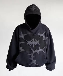 Gothic Hooded Pullover Men Oversized Black <b>Silicone</b> Printed Solid Cut Design Regular Sleeve French Terry Winter 100% Cotton - Product Image 1