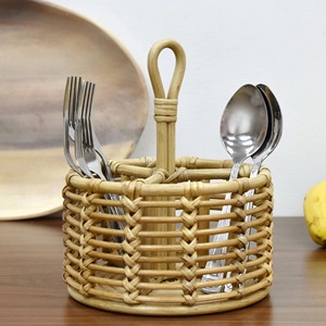 Porte-ustensiles en bois naturel, panier à couverts en rotin tressé, organiseur de cuisine, accessoire - Product Image 6