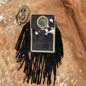 Hot Sale Handmade Hair on Cowhide Large Fringe Crossbody Mobile Bag for Women's Western Genuine Leather Concho Cell Phone Purse - Product Image 3