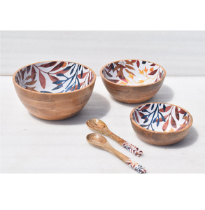 Bol en bois imprimé émail, design fantaisie, cuillère à salade, motif floral, revêtement émail, ensemble de service, saladier - Product Image 6