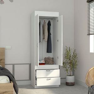 DEPOT E SHOP Armadio a Doppia Anta Portogallo Bianco con Maniglie in Metallo, Asta Appendiabiti e Due Cassetti - Design Elegante - Product Image 2