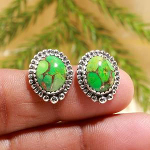 <b>Stud</b> Oval Shaped Cute Green Copper <b>Turquoise</b> Gemstones <b>Earrings</b> 925 Solid Sterling Silver Bezel Set Fashionable Jewelry Sunrise - Product Image 1