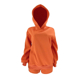 Ensemble de sweat-shirt à capuche orange pour femmes, manches longues, couleur unie, tricot en coton, short, tenue décontractée pour le printemps et l'été - Product Image 5