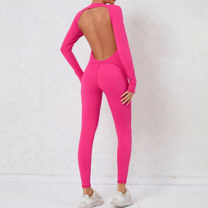 Combinaison de sport pour femme, couleur unie, dos nu, manches longues, longueur intégrale, sans couture, col rond, extensible dans les quatre sens, pour le yoga - Product Image 5
