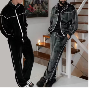<b>Men</b> <b>Velvet</b> Tracksuit Full Zip <b>Jacket</b> And Jogger Pants Solid Color Casual Two Piece Set Autumn Wear - Product Image 1